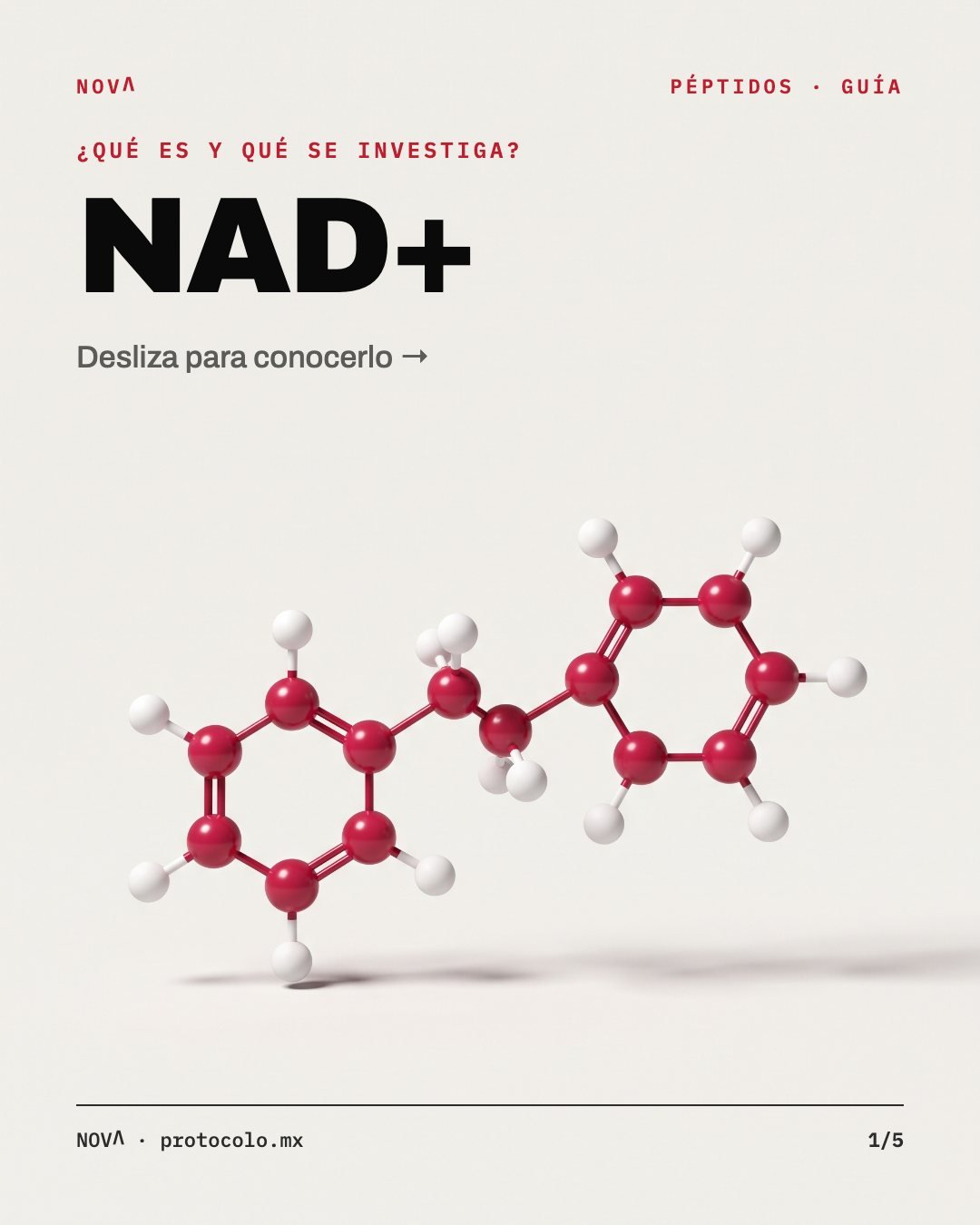 Portada: ¿Qué es y qué se investiga? NAD+. Ilustración de la molécula.